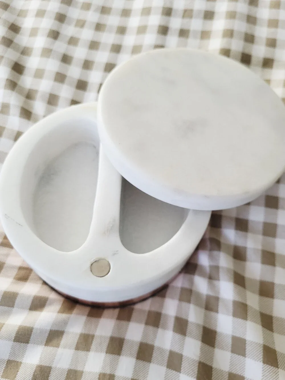 William Sonoma Round White Marble Salt & Pepper Keeper With Copper Base